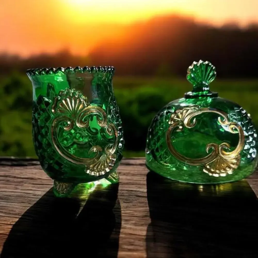 Antique 1897 EAPG Riverside Glass Croesus Pattern Emerald Green & Gold Spooner